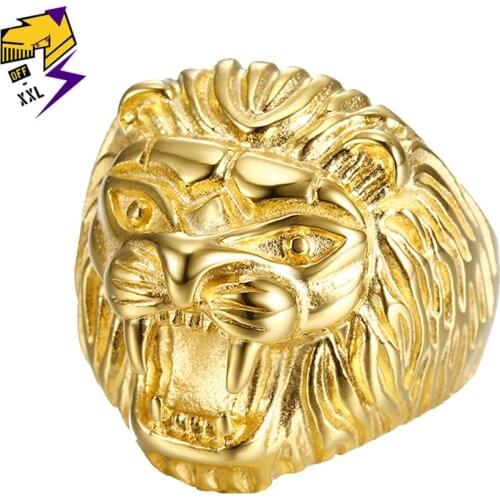 Portonary the King of Lion Ring Gold Color Stainless Steel Carving Cool Leo Rings for Men Women Hip Hop Fashion Jewelry