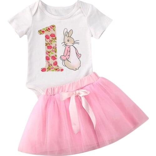 2PCS Easter Toddler Kids Baby Girl Bunny Clothes Rabbit Short Sleeve Bodysuit+LaceTutu Skirt 2pcs Outfit