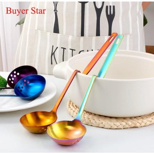 Stainless Steel Cookware kitchen Tool Long Handle Soup Ladle Skimmer Copper 2 in1 Bending Hot Pot Soup Ladle Spoon Soup Colander
