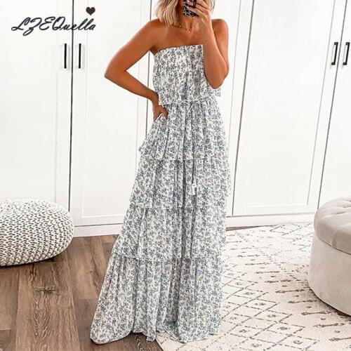 Summer Sexy Strapless Backless Floral Print Boho Dress Women Pleated Ruffles Sleeveless Long Dresses 2021 New Vestidos NZ3289