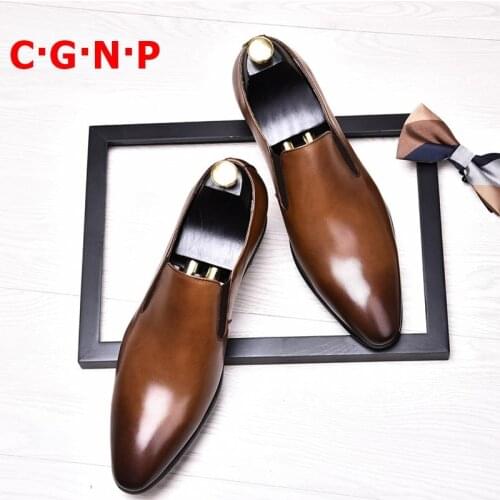C·G·N·P Summer Genuine Leather Pointed Toe Loafers Men British Style Slip On Business Casual Shoes Mens Flats Dress Shoe