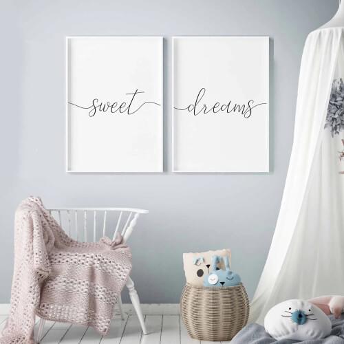 Minimalist Black and White Sweet Dreams Quotes Canvas Painting Nursery Posters and Prints Wall Art Pictures for Bedroom Decor