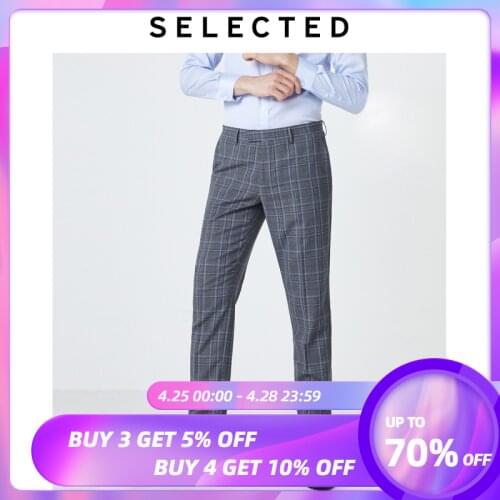 SELECTED Mens Sheep Wool Slim Fit Plaid Business Casual Suit Pants T|41936B507