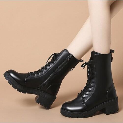 2021 New Women Fashion Autumn Winter Ankle Boots Female PU Leather Lace-Up Platform Ladies Solid Slide Zip Casual Footwear