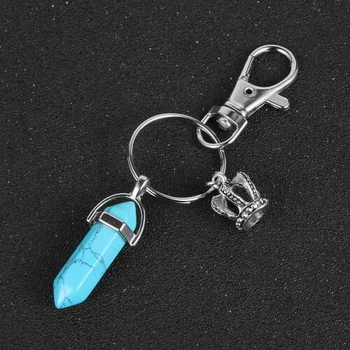 Natural Stone Pendant Keychain Fashion Reiki Healing Bullet Hexagonal Column Turquoises Crystal Fashion Crown Pendants Key Ring