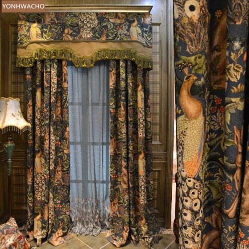 Custom curtain High-grade retro American chenille printed living room thick cloth blackout curtain valance tulle panel C177