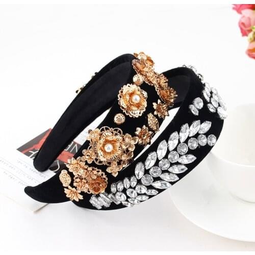 Retro Floral Rhinestone Headband Ladies Pearl Crystal Hairband for Girls Barlot Style Headress Wedding Hair Accessories
