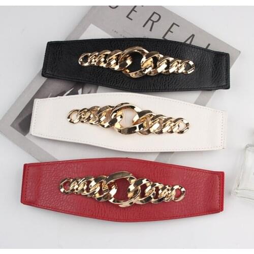 2021 Wide Chain Decorated Pu Waistband for Women Vintage Cummerbunds Metal Buckles Elastic Waist Strech Belt for Women Dress