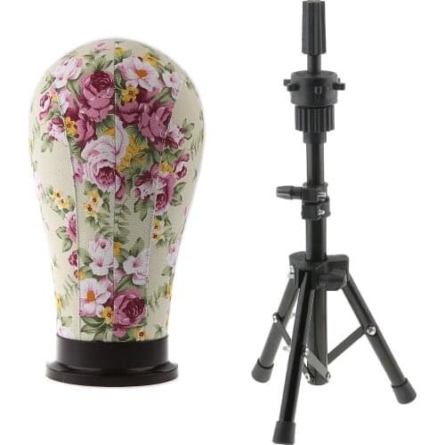 Cork Canvas Block Head Mannequin Head with Metal Adjustable Tripod Stand for Wigs Making and Salon Hair Styling