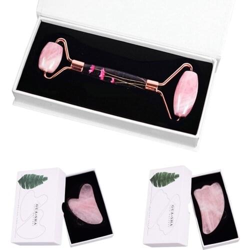 Rose Quartz Face Roller Gouache Scraper Set For Skin Care Dried Flowers Natural Stone Pink Crystal Facial Roller Massager