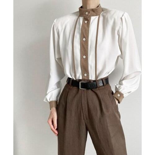 Vintage White Womens Shirt Stand Collar Stitching Color Female Elegant Shirts Women Blouse Summer Long Sleeve Button Top Shirt