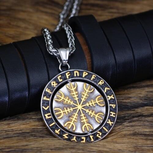 Viking rune helm of awe roating necklace stainless steel with valknut gift bag