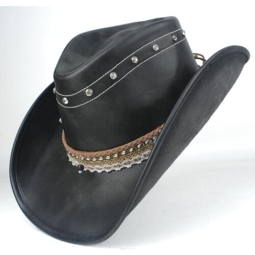 100% Leather Men Women Black Western Cowboy Hats Wide Brim Hat Outdoor Performance Cowgirl Hat