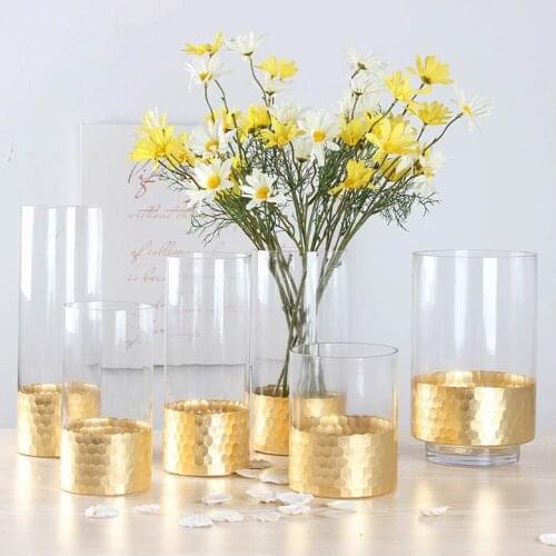 Glass Vase Gold Transparent Straight Vase Home Decoration Gold Foil Flower Arrangement Rose Lily