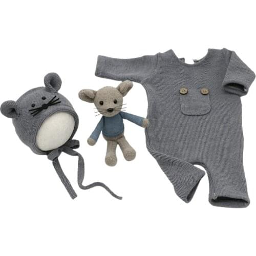 3 Pcs/set Newborn Photography Props Suit Knitted Cotton Jumpsuit Hat Mouse Doll Infant Photo Shooting Clothes Outfits