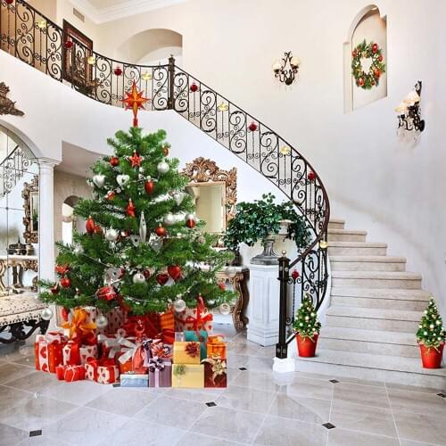 Indoor Staircase Photography Backdrops Vinyl Printed Christmas Tree Gift Boxes Merry Xmas Party Family Photo Shoot Backgrounds