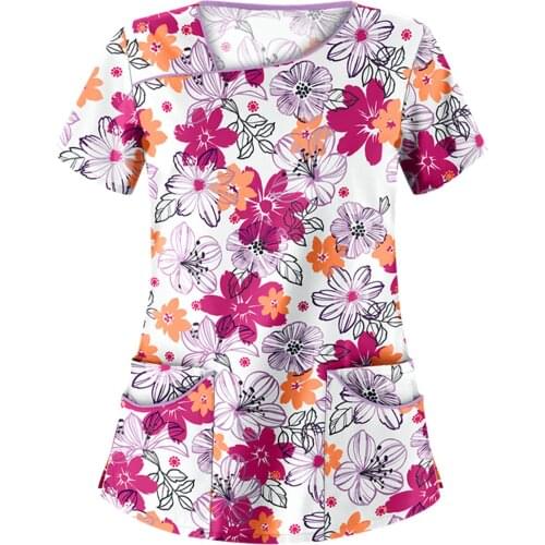 Vintage Floral Print Women Short Sleeve Working Uniform Blouse Hospital Beauty Salon Nursing Scrub Tops Gorro Enfermera A40