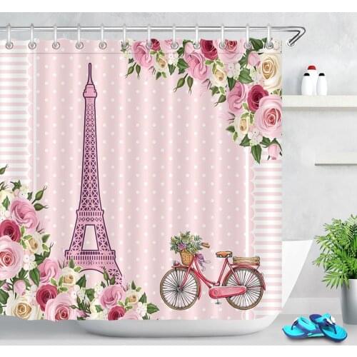 Romantic Paris Eiffel Tower Bathroom Curtains Waterproof Polyester Fabric Shower Curtain Flower Pattern Bathroom Shower Curtain