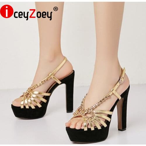 Coolcept New Women Fashion Sandals Shoes Buckle Strap Thick High Heels Platform Rhine Stone Party Ladies Footwear Size 34-40