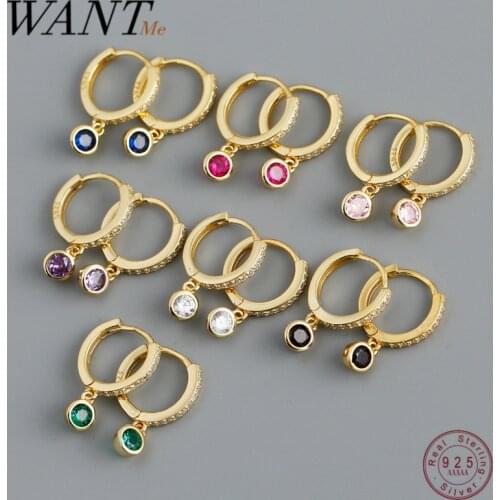 WANTME 925 Sterling Silver Huggies Pendant Earrings for Women Round Zircon Simple Elegant Bohemian European Piercing Jewelry