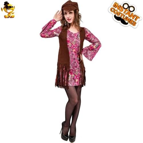Halloween Adult Cosplay Party Costume with Carnival Sexy Women 60s70s Disco Clothing Girls Flower Hippie Long Sleeve Outfits