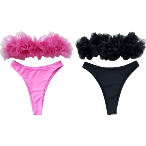 Women Sexy Two Piece Bikini Set Strapless Off Shoulder Solid Color Swimsuit Fluffy Mesh Ruffles High Cut Bathing Suit