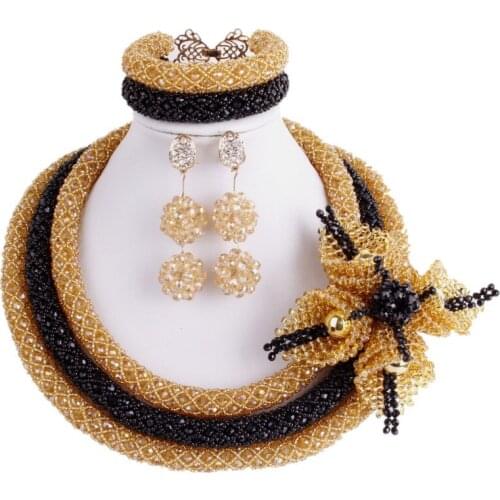 Dudo Black Gold Bridal Dubai Jewelry Sets Women Crystal Beaded 48 CM Necklace Big Handmade Flowers Nigerian Jewellery Set 2019