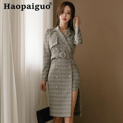 Notched Double Button Casual Dress Women Long Sleeve Asymmetrical Elegant Dress Women Print Plaid Corset Bodycon Bandage Dresses