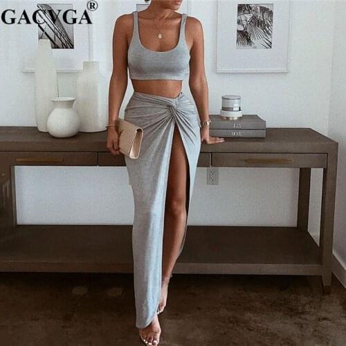 GACVGA Two Piece Set Sexy Summer Long Dress Women High Split Bodycon Dress Casual Short Pleated Maxi Dress Bandange Vestidos