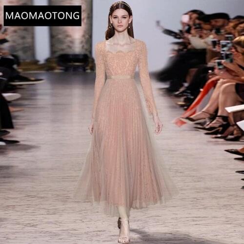 Runway Autumn Long Party Dress Womens Lace Long sleeve High waist Mesh Pleated Elegant Dress