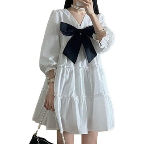 2021 Summer Women Fashion Long Puff Sleeve V-Neck Bow Patchwork Loose White Dresses Casual Design New High Street Vestidos