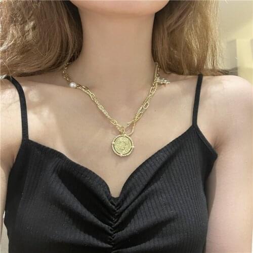 New Vintage Crystal&Pearl Carving Coin Pendant Necklace for Women Hiphop Jewelry Punk Female Double Chain Chokers Necklaces 2021