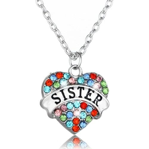 24PC Wholesale Colorful Crystal Engraved Letter"Sister" Long Chain Pendant Best Sister Necklace For Gifts Friends Jewelry Hot