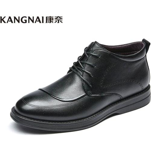 KANGNAI Men Boots Genuine Leather British Business Formal Ankle Boots Brogue Female Plush Winter Warm Shoes