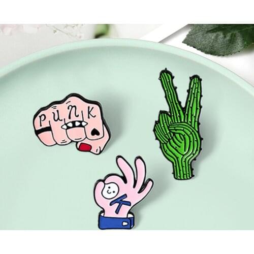 Punk Hand Cactus hand Pins Brooches OK Yeah Finger Signal Enamel Pin Badges Various Gestures Jewelry for Women Men Kids Gift