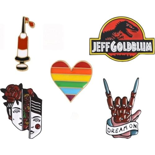 Enamel Pins Rainbow Heart Evil Hand Murder Podcast Show Split women face Jurassic Dinosaur Syringe Brooch Metal Badge Lapel Pin