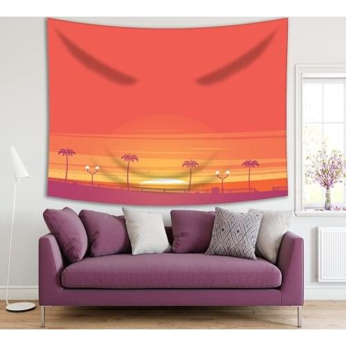 Tapestry Beach with Palm Trees at Sunset Scenery Ocean Horizon Tropical Summer Days Nature Coral Orange Purple Art Print