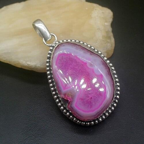 Hermosa Jewelry Vintage Natural Druzy Trendy Silver Color Charm Necklace Pendant for Women Gifts 60mm FQ35