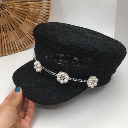 Visors black lace cap sweet socialite navy spring/summer shopping newsboy military hats