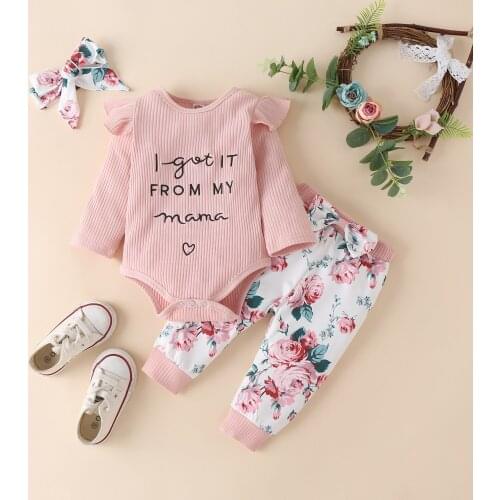 3Pcs Newborn Baby Girl Clothes Set Letter Print Romper + Bow Floral Print Pants Headband Outfits Casual Infant Clothing