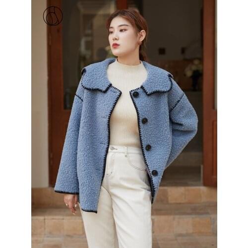 DUSHU Plus size blue oversized lamb fur jacket Women autumn winter wool blend short teddy coat Female elegant faux fur overcoat