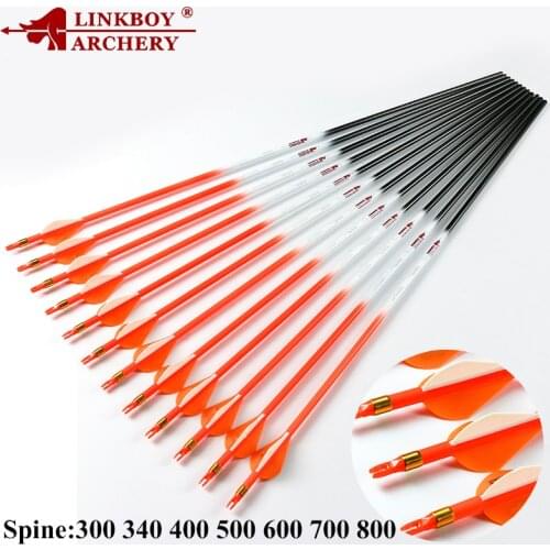 Linkboy Archery 12PCS Carbon Arrows Sp300-600 Fluorescen Orange 2"Vanes ID6.2mm Compound Bow Hunting Shooting