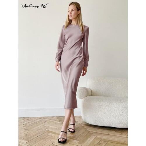 Mnealways18 Khaki Satin Ladies Midi Dress Elegant Long Sleeves Office Dress Women Classy Autumn 2021 Zipper Solid Dress Female