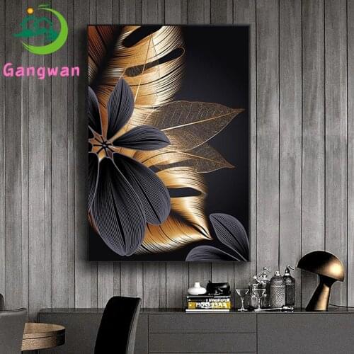Home decoration art 5D diamond painting black gold plant leaf diamond embroidery canvas poster cross stitch kit mosaic picture
