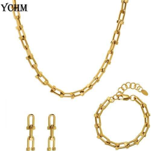 Stainless Steel U Shape Chunky Chain Necklace Bracelet Earrings Set for Women Link Chain Trendy Jewelry Set Hip Hop Accessories