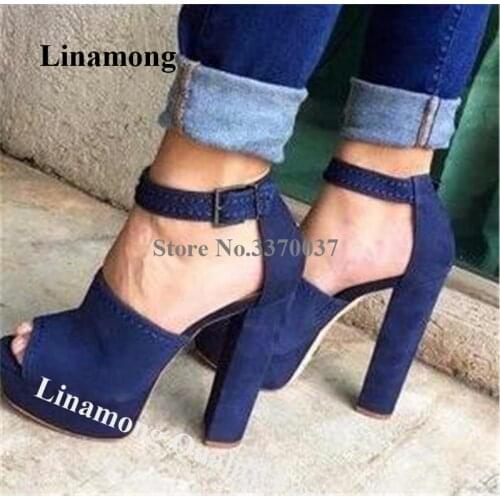 Linamong New Fashion Peep Toe High Platform Chunky Heel Pumps Blue Suede Ankle Buckle Thick High Heels Dress Shoes Big Size