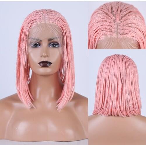 RONGDUOYI Short Bob Wig Pink High Temperature Synthetic Lace Front Wigs for Women Middle Part Braided Box Braids Cosplay Wig