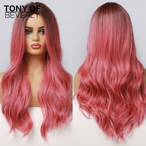 Long Body Wave Ombre Brown Pink Synthetic Wigs Middle Part Natural Wave for Women Cosplay Natural Wigs Heat Resistant Fiber