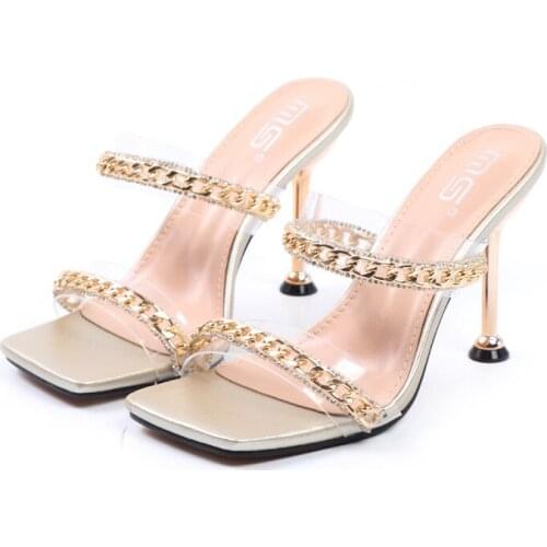 Peep Toe Ladies High Heels Transparent Thin Sandals Women Shoes Metal Chain Summer Female One Word Lace Casual Stiletto hy211