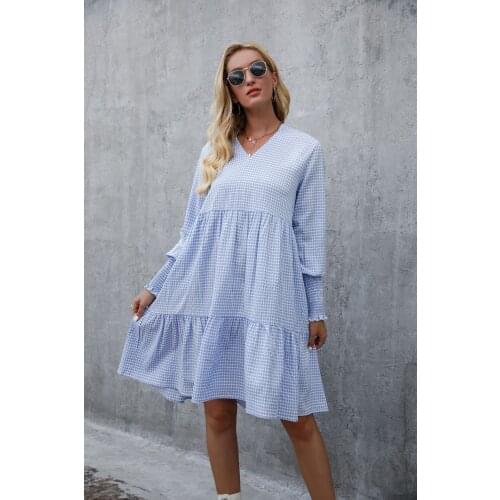 Women 2021 Autumn Plus Size Plaid Dresses Elegant Fashion A-Line Long Sleeve Dress High Waist V-Neck Ladies Dress Vestidos
